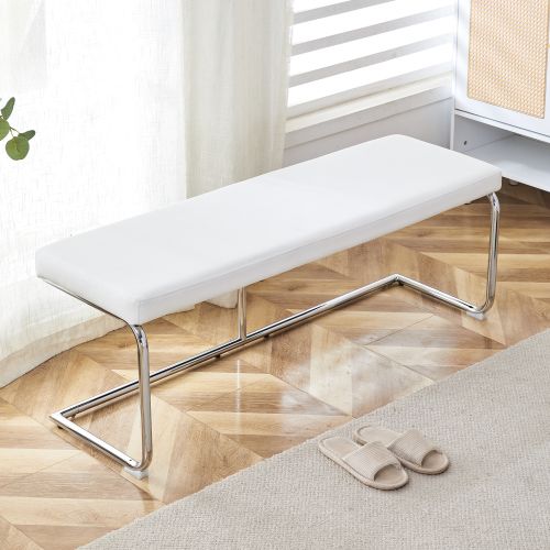 Banc D'entrée 130 Cm, Assise En Simili Cuir, Piètement Métal Chromé, Blanc