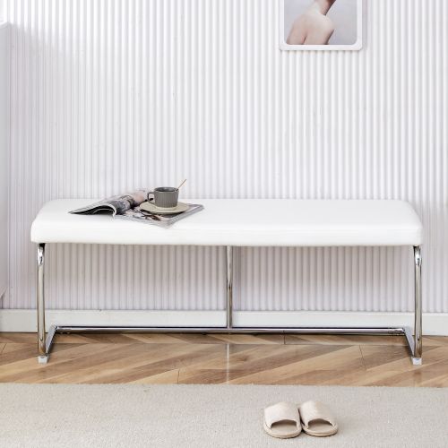 Banc D'entrée 130 Cm, Assise En Simili Cuir, Piètement Métal Chromé, Blanc