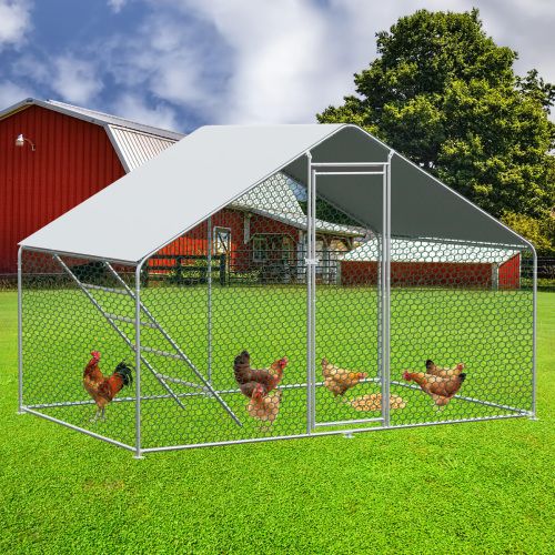 Enclos Poulailler En Métal 3 X 3 X 2 M Argent Avec Serrure, Filet Hexagonal Et Bâche Pe Imperméable
