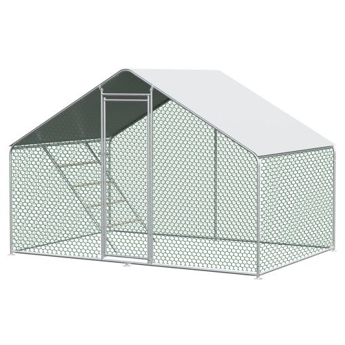 Enclos Poulailler En Métal 3 X 3 X 2 M Argent Avec Serrure, Filet Hexagonal Et Bâche Pe Imperméable