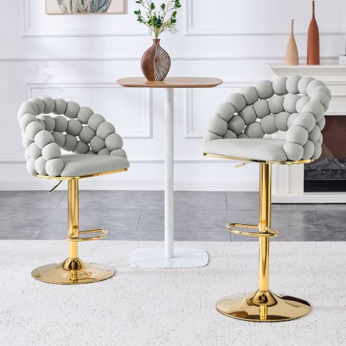 Lot De 2 Tabouret De Bar Réglable, En Velours, Dossier à Chaînes De Perles, Métal Doré, Gris Clair