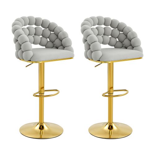 Lot De 2 Tabouret De Bar Réglable, En Velours, Dossier à Chaînes De Perles, Métal Doré, Gris Clair