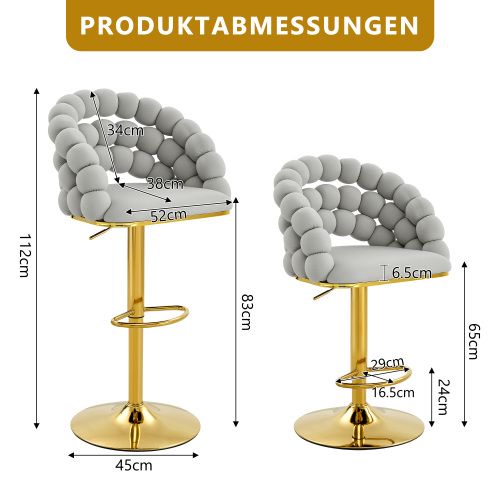 Lot De 2 Tabouret De Bar Réglable, En Velours, Dossier à Chaînes De Perles, Métal Doré, Gris Clair