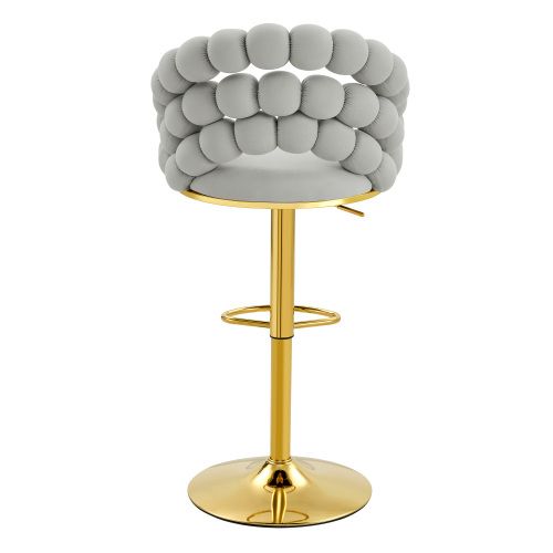Lot De 2 Tabouret De Bar Réglable, En Velours, Dossier à Chaînes De Perles, Métal Doré, Gris Clair