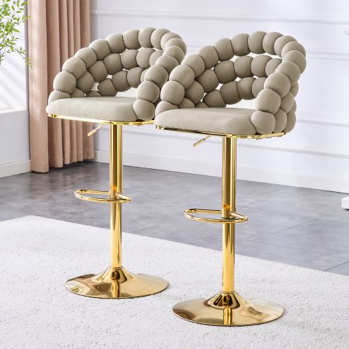 Lot De 2 Tabouret De Bar Réglable, En Velours, Dossier à Chaînes De Perles, Métal Doré, Gris