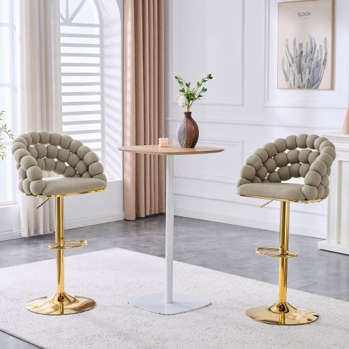 Lot De 2 Tabouret De Bar Réglable, En Velours, Dossier à Chaînes De Perles, Métal Doré, Gris