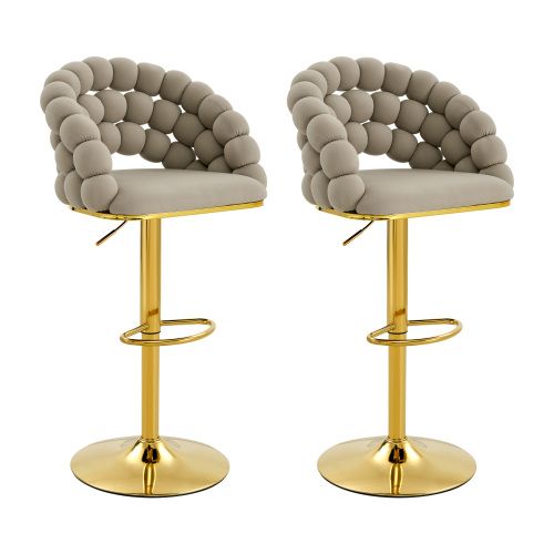 Lot De 2 Tabouret De Bar Réglable, En Velours, Dossier à Chaînes De Perles, Métal Doré, Gris