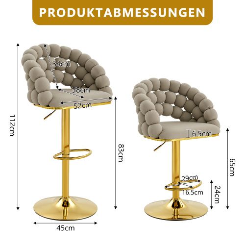 Lot De 2 Tabouret De Bar Réglable, En Velours, Dossier à Chaînes De Perles, Métal Doré, Gris