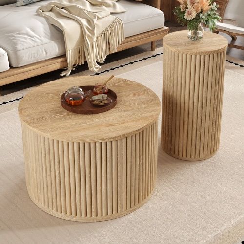 Lot De 2 Tables Basses Rondes Naturelle , Motif 3d à Rayures, Multifonctionnel