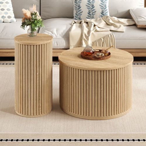 Lot De 2 Tables Basses Rondes Naturelle , Motif 3d à Rayures, Multifonctionnel