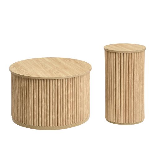 Lot De 2 Tables Basses Rondes Naturelle , Motif 3d à Rayures, Multifonctionnel