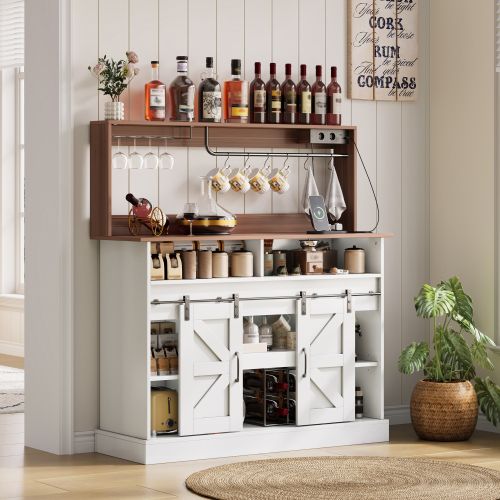 Buffet Bar à Café 120x40x130 Cm Blanc Et Naturel Avec Porte-verres Et Prises