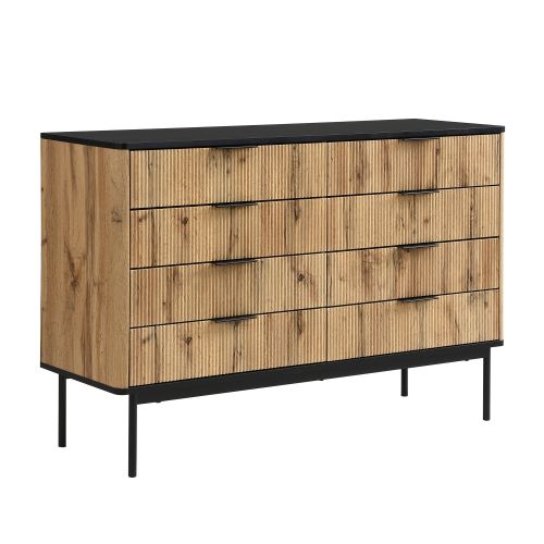 Commode à 8 Tiroirs 120 X 39.5 X 80 Cm, Design à Relief Vertical, Noir Et Naturel