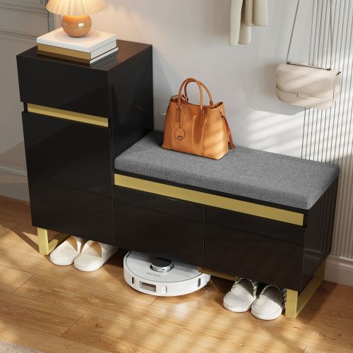 Meuble à Chaussures Noir Avec Banc Rembourré Et Grand Rangement