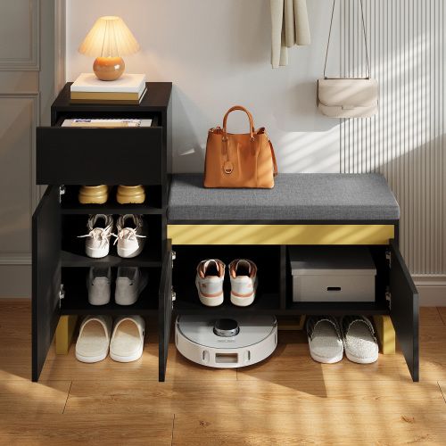Meuble à Chaussures Noir Avec Banc Rembourré Et Grand Rangement