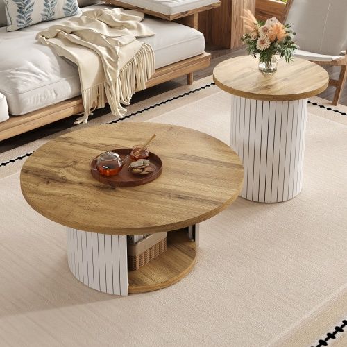 Lot De 2 Tables Basses Rondes Naturelle Avec Rangement - 75/45 Cm