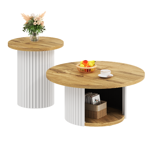 Lot De 2 Tables Basses Rondes Naturelle Avec Rangement - 75/45 Cm