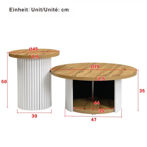 Lot De 2 Tables Basses Rondes Naturelle Avec Rangement - 75/45 Cm