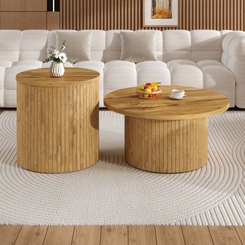 Lot De 2 Tables Basses Ronde Naturelle Avec Rangement, Design Nordique