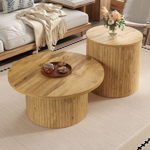Lot De 2 Tables Basses Ronde Naturelle Avec Rangement, Design Nordique