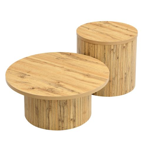 Lot De 2 Tables Basses Ronde Naturelle Avec Rangement, Design Nordique