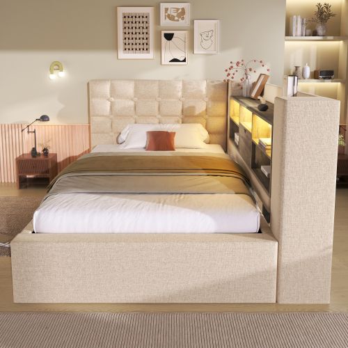 Lit Coffre 90x200 Cm, Tête De Lit De Rangement L Réversible, Avec Sommier à Lattes, En Lin, Beige