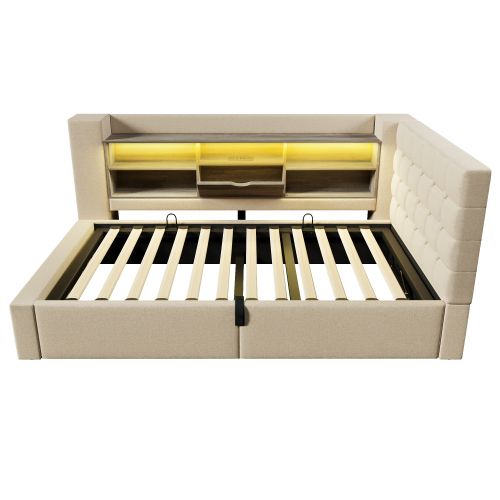 Lit Coffre 90x200 Cm, Tête De Lit De Rangement L Réversible, Avec Sommier à Lattes, En Lin, Beige