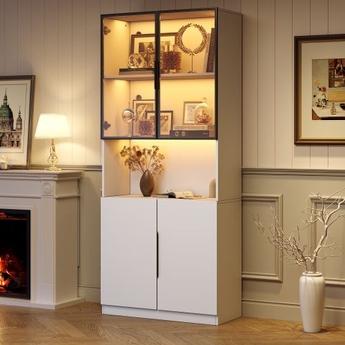 Vitrine Blanche 80x30x200 Cm Avec Portes Vitrées, Éclairage LED Réglable