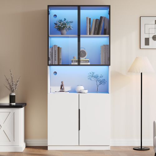 Vitrine Blanche 80x30x200 Cm Avec Portes Vitrées, Éclairage LED Réglable