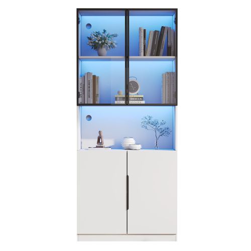 Vitrine Blanche 80x30x200 Cm Avec Portes Vitrées, Éclairage LED Réglable
