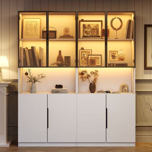 Vitrine Blanche 160x30x200 Cm Avec Portes Vitrées, Éclairage LED Réglable, Rangement Polyvalent