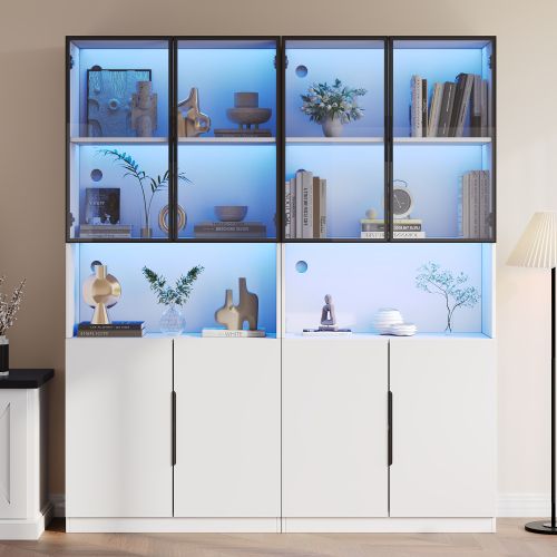 Vitrine Blanche 160x30x200 Cm Avec Portes Vitrées, Éclairage LED Réglable, Rangement Polyvalent