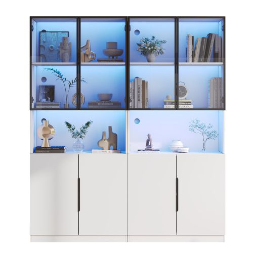 Vitrine Blanche 160x30x200 Cm Avec Portes Vitrées, Éclairage LED Réglable, Rangement Polyvalent