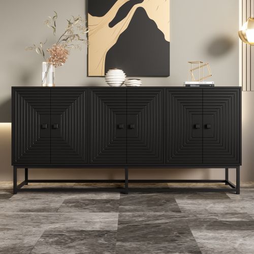 Buffet Noir Mat 160 X 38 X 75.5 Cm, 3 Compartiments à Portes Doubles, Relief