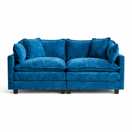 Canapé Modulable 2 Places En Chenille Bleue Avec Coussins Dossier