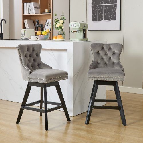 Lot De 2 Tabourets De Bar Pivotants, Piètement Bois, En Velours Gris