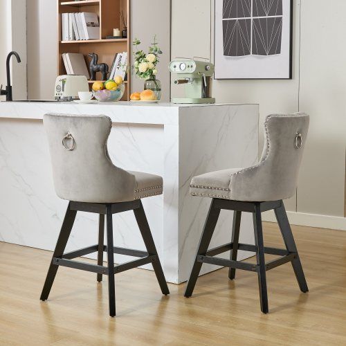 Lot De 2 Tabourets De Bar Pivotants, Piètement Bois, En Velours Gris
