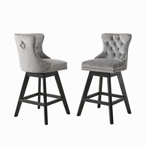 Lot De 2 Tabourets De Bar Pivotants, Piètement Bois, En Velours Gris