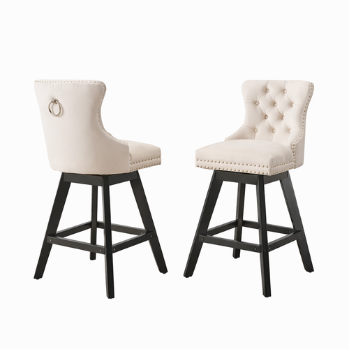 Lot De 2 Tabourets De Bar Pivotants En Velours, Dossier Incurvé, Pieds Bois, Beige