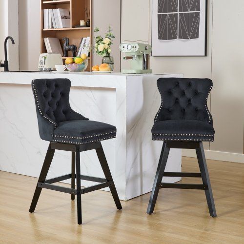 Lot De 2 Tabourets De Bar Pivotants En Velours, Pieds En Bois, Noir