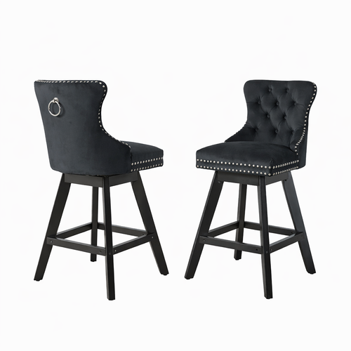 Lot De 2 Tabourets De Bar Pivotants En Velours, Pieds En Bois, Noir