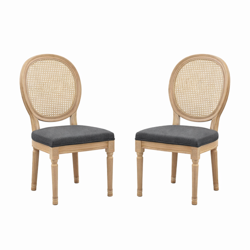Lot De 2 Chaises De Salle à Manger, Dossier En Rotin, Cadre En Bois Massif, Gris