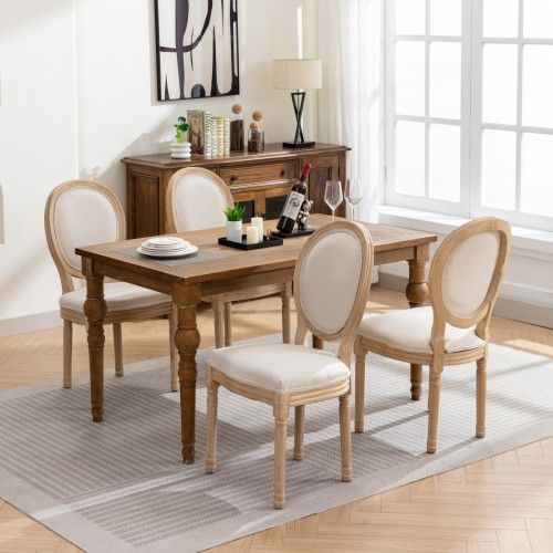 Lot De 2 Chaises De Salle à Manger, Style Français, Cadre En Bois Massif, Beige