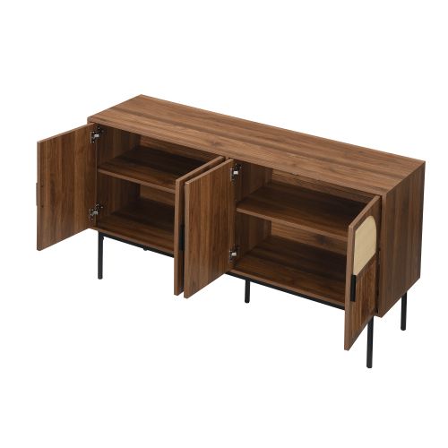 Buffet Rétro Naturel 140x40x80 Cm, 4 Portes, Pieds En Acier Noir