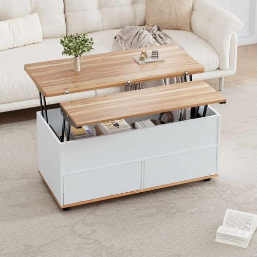 Table Basse Relevable Hydraulique Blanche Et Effet Bois Avec Rangement 100 X 98 X 65 Cm