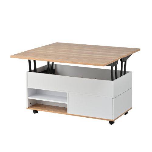 Table Basse Relevable Hydraulique Blanche Et Effet Bois Avec Rangement 100 X 98 X 65 Cm