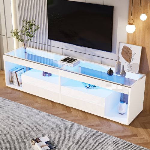 Meuble TV 180 Cm, Brillante, Avec 2 Tiroirs, Étagères En Verre, Avec LED, Blanc