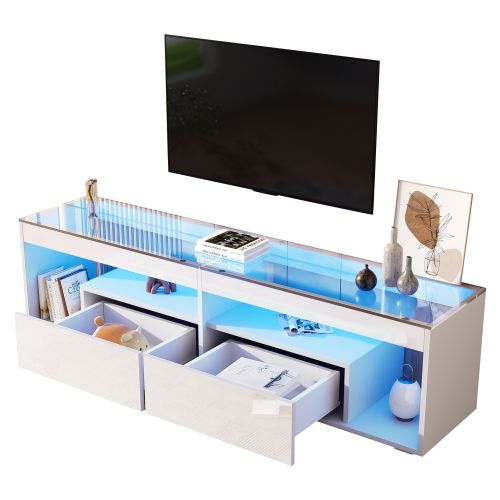 Meuble TV 180 Cm, Brillante, Avec 2 Tiroirs, Étagères En Verre, Avec LED, Blanc