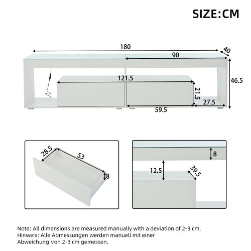 Meuble TV 180 Cm, Brillante, Avec 2 Tiroirs, Étagères En Verre, Avec LED, Blanc