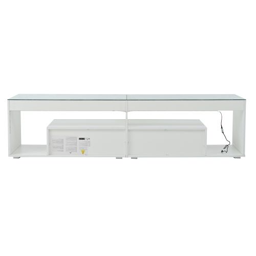 Meuble TV 180 Cm, Brillante, Avec 2 Tiroirs, Étagères En Verre, Avec LED, Blanc